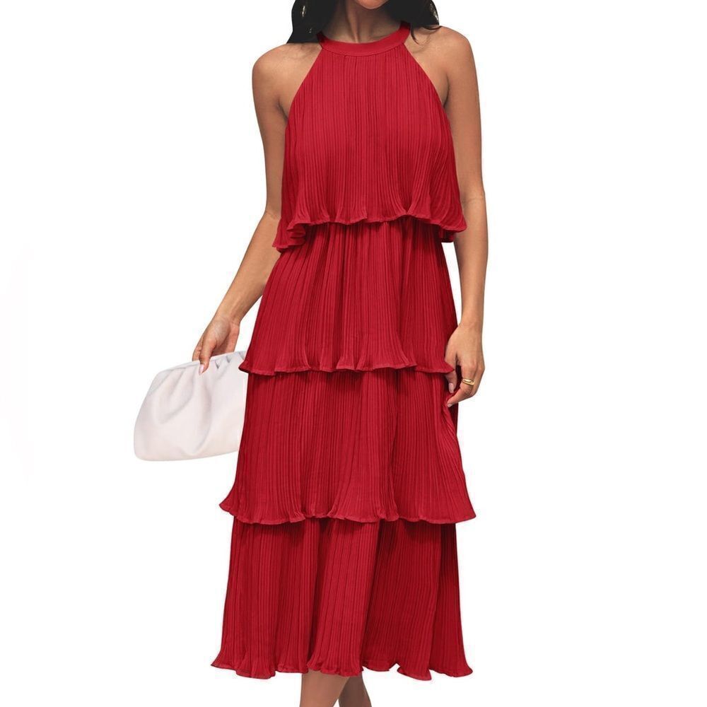 ZESICA SLEEVELESS HALTER TIE NECK RUFFLE TIERED MIDI DRESS IN PINK NWT SZ LARGE